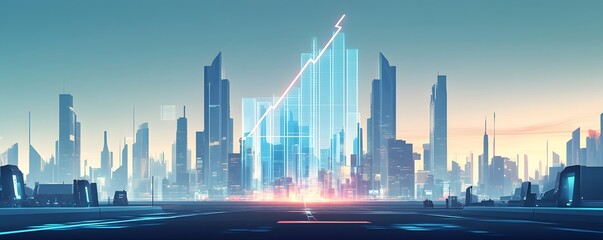 Futuristic city skyline with financial growth indicator displayed prominently