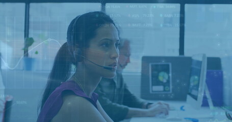 Image of data processing and diagrams over diverse colleagues using phone headsets in office