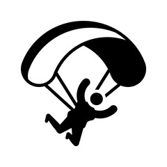Simple black and white skydiving icon featuring a parachute and jumper