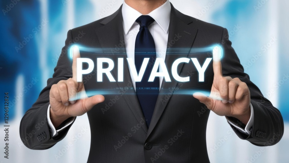 Poster a professional man in a suit holds a digital sign displaying the word 