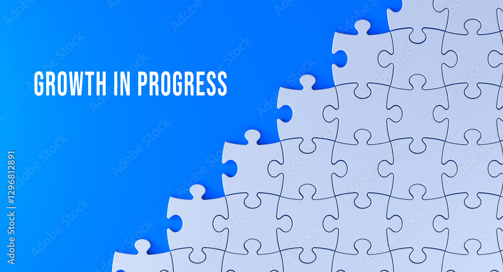 Wall mural growth in progress text message on jigsaw puzzle. blue background and word banner concept