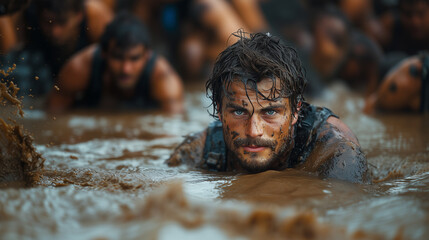 Mud Challenge - A determined looking man overcomes an obstacle course by crawling through muddy water. His face is dirty, but his eyes are full of confidence and desire to win..
