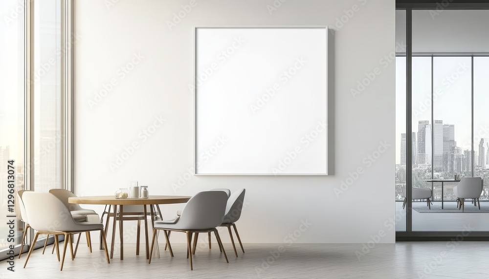Poster empty rectangular frame mockup on dining room wall with modern table and chairs by window view