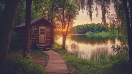 Obraz premium Charming Rustic Cabin by the Lake at Twilight