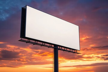 Large blank billboard against stunning sunset sky with clouds.