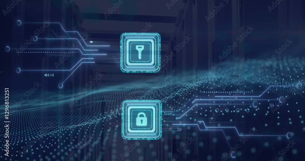Poster image of key and padlock icons, digital data processing over computer circuit board