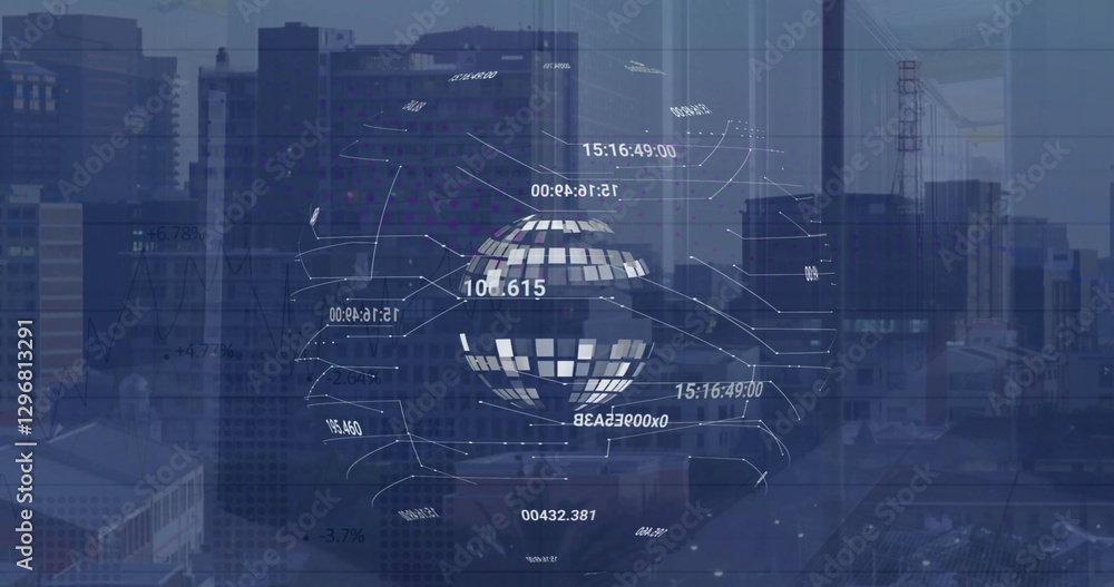 Aufkleber image of globe over data processing and cityscape