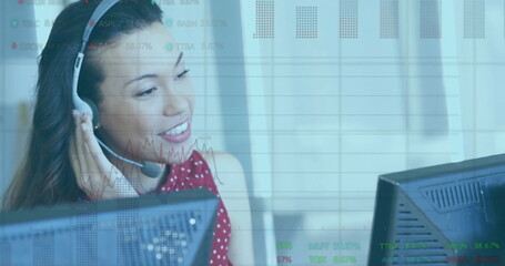Image of data processing and stock market over biracial woman using phone headset