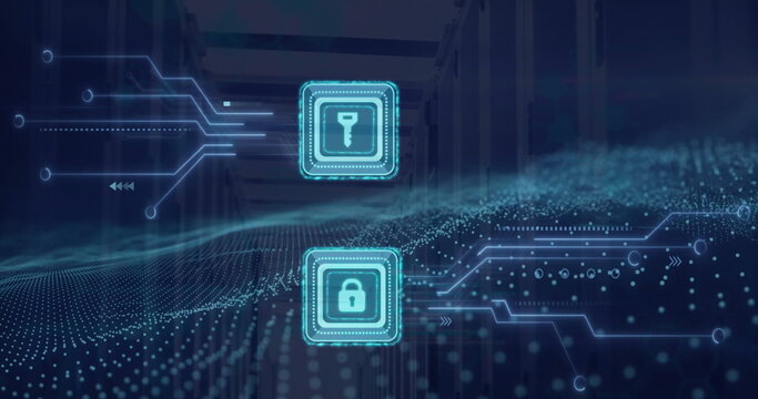 Image of key and padlock icons, digital data processing over computer circuit board