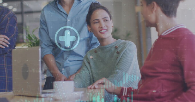 Image of financial data processing over diverse colleagues having meeting in office