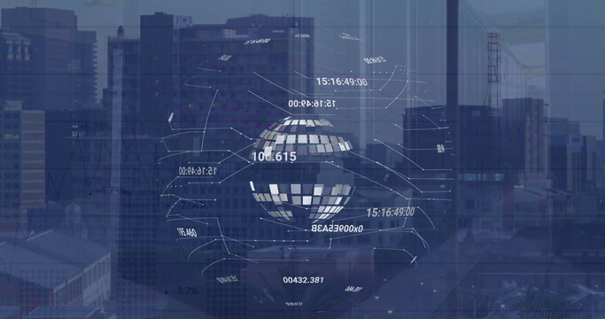Image of globe over data processing and cityscape