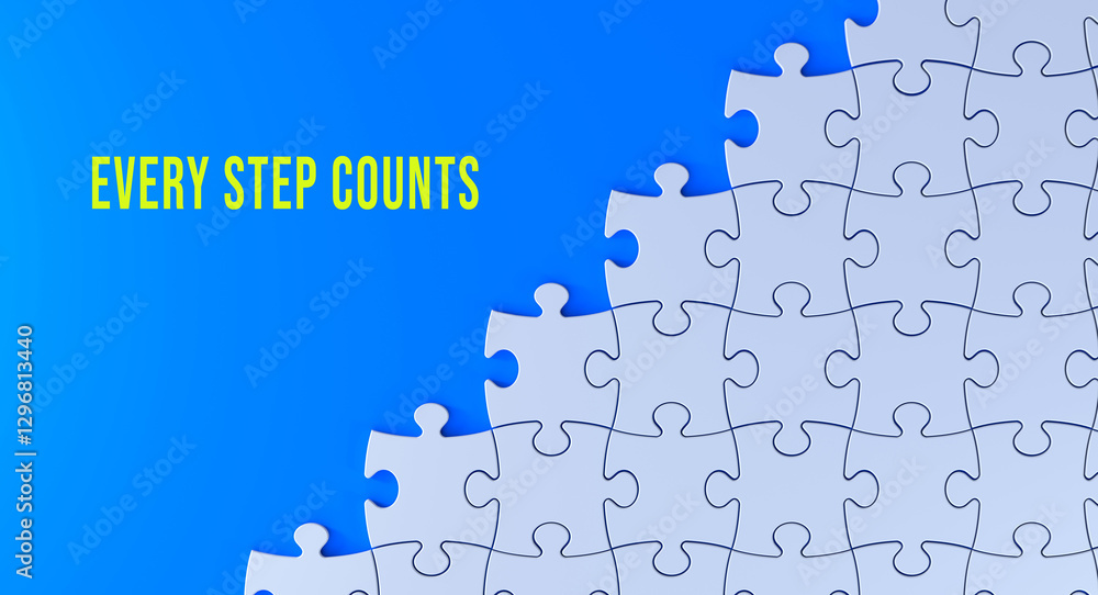 Wall mural every step counts text message on jigsaw puzzle. blue background and word banner concept