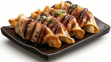 Deliciously Spiced Dumplings on a Black Plate with Savory Sauce Drizzle Perfect for Asian Cuisine Lovers