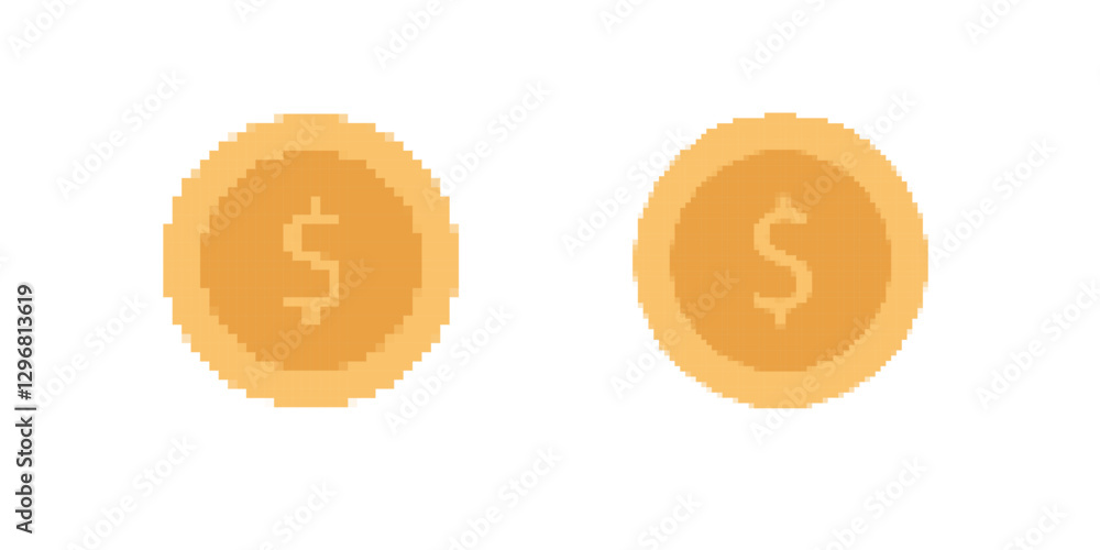 Poster two pixel art coins with dollar signs. bright, simple design. basic color scheme with clear symbols.