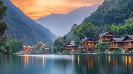 Naklejka premium Charming Rustic Cabins by Serene Lake at Sunrise
