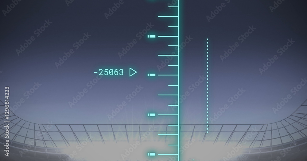 Poster image of data processing and diagram over stadium