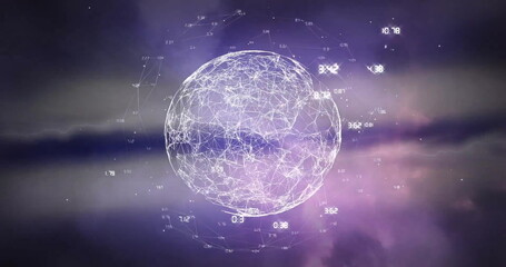Image of data processing and globe over lightning