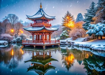 Naklejka premium Serene Winter Scene: Pagoda in a Snowy Chinese Garden