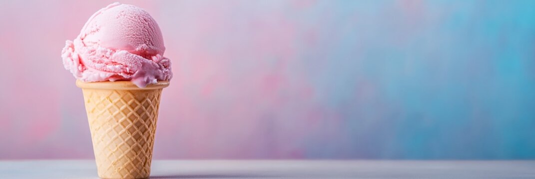 A pink ice cream cone sits on a table