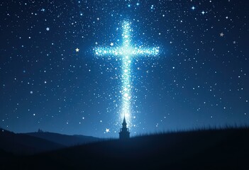Glowing Starry Cross Church Silhouette Dark Night Sky - Ethereal Digital Illustration Spirituality Hope Inspirational Religious Content