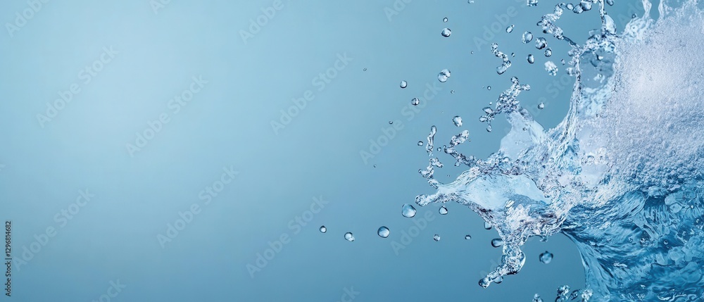 Poster dynamic splash of water with bubbles against a soft blue background for artistic and creative projec