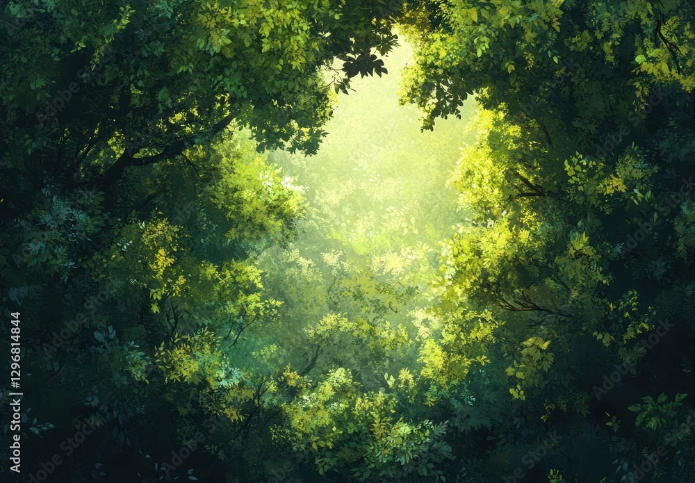 Poster lush green forest canopy with sunlight filtering through leaves creating a soft and serene atmospher