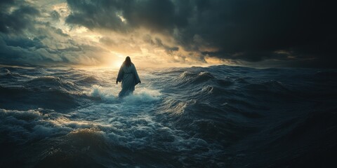 Fototapeta premium Figure walks on turbulent water as storm clouds gather and sunlight breaks through at dawn
