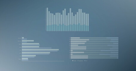 Image of diagrams and data processing over blue background