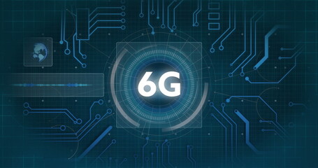 Image of 6g text and data processing over globe and connections