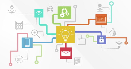 Image of data processing and media icons on white background