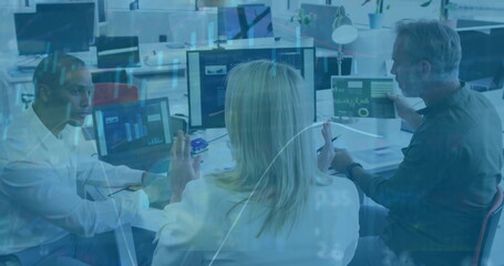 Image of data processing and diagrams over diverse business people talking in office