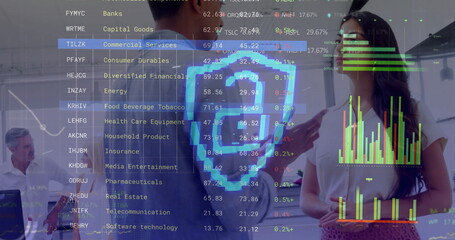 Image of data processing and padlock over diverse colleagues talking in office
