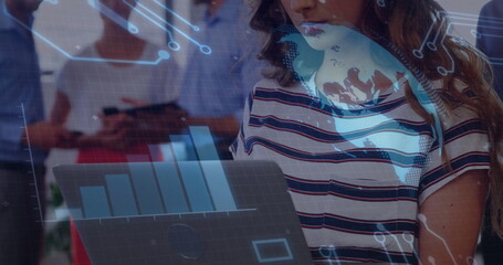 Image of globe with connections over caucasian colleagues talking and using laptop in office