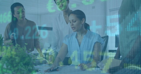 Image of data processing over diverse business people talking in office