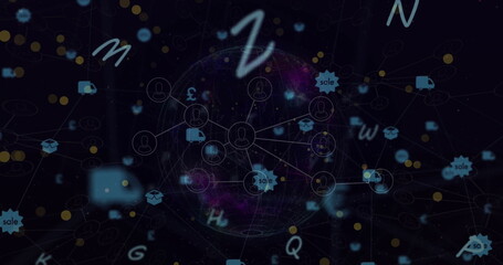 Image of network of connections with digital icons over black backgorund