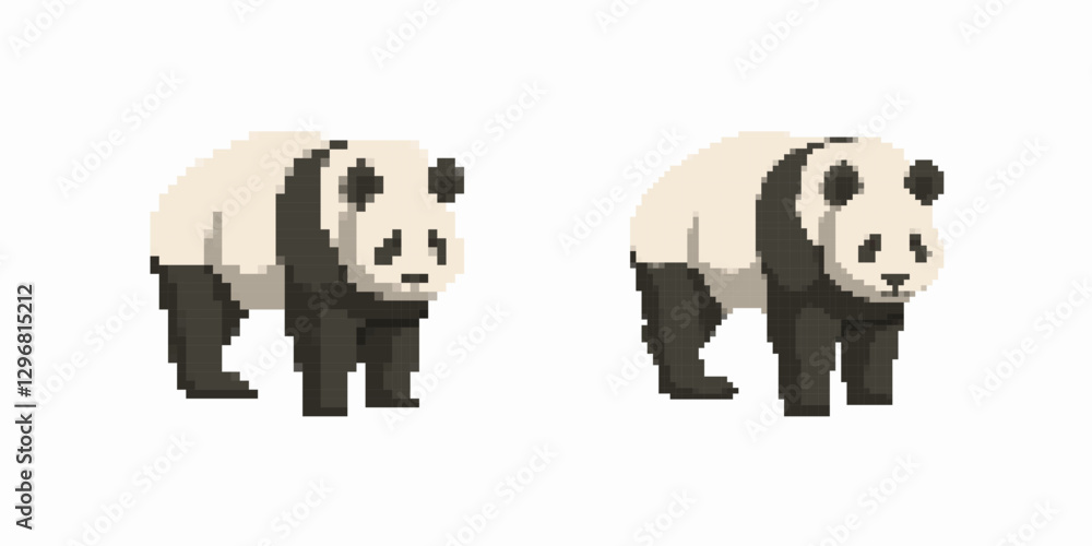 Poster two pixel art pandas with simplified black and white features in a stylized and blocky design.