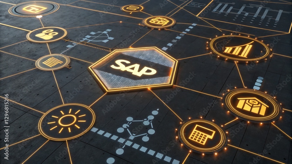 Poster a digital network visualization featuring interconnected icons with a central focus on 