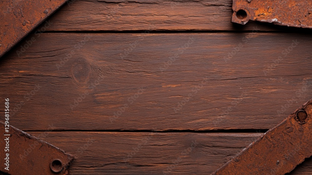 Poster rustic wooden surface with iron frame and weathered texture for vintage background or design project