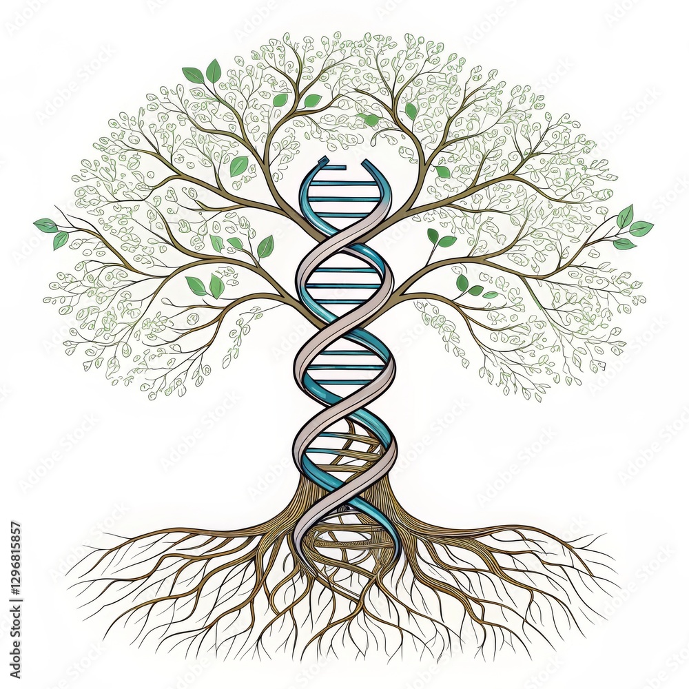 Poster a stylized tree intertwines with a dna helix, symbolizing the connection between nature and genetics