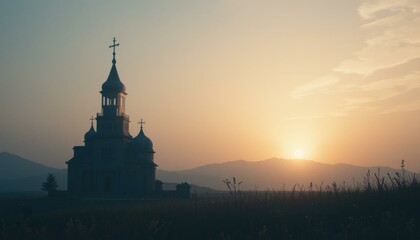 Tranquil Church Silhouette Sunset Majestic Mountains - Inspiring Spirituality Peaceful Reflection Social Media Articles