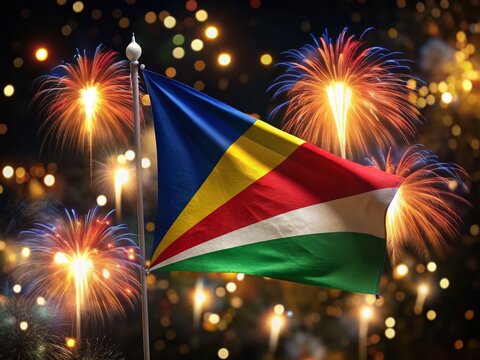 Seychelles Flag & Fireworks: Festive Tilt-Shift Miniature Celebration