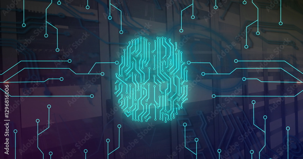 Poster image of digital brain, circuit board and data processing over computer servers
