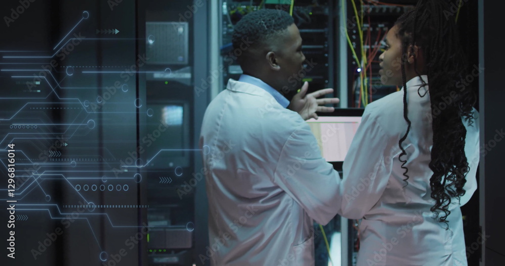 Poster image of data processing and african american it technicians with laptop by computer servers