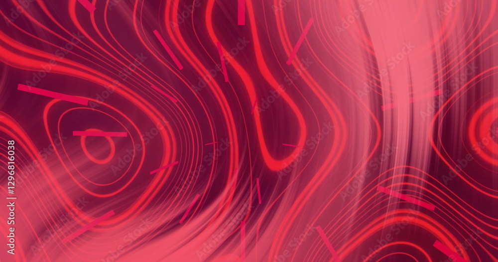 Poster image of red shapes and trails moving on black background