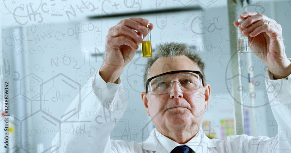 Poster image of mathematical equations over caucasian male scientist doing experiment in lab