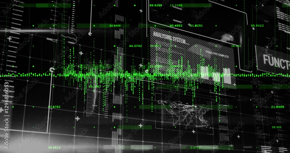 Poster image of text and digital data processing over black background