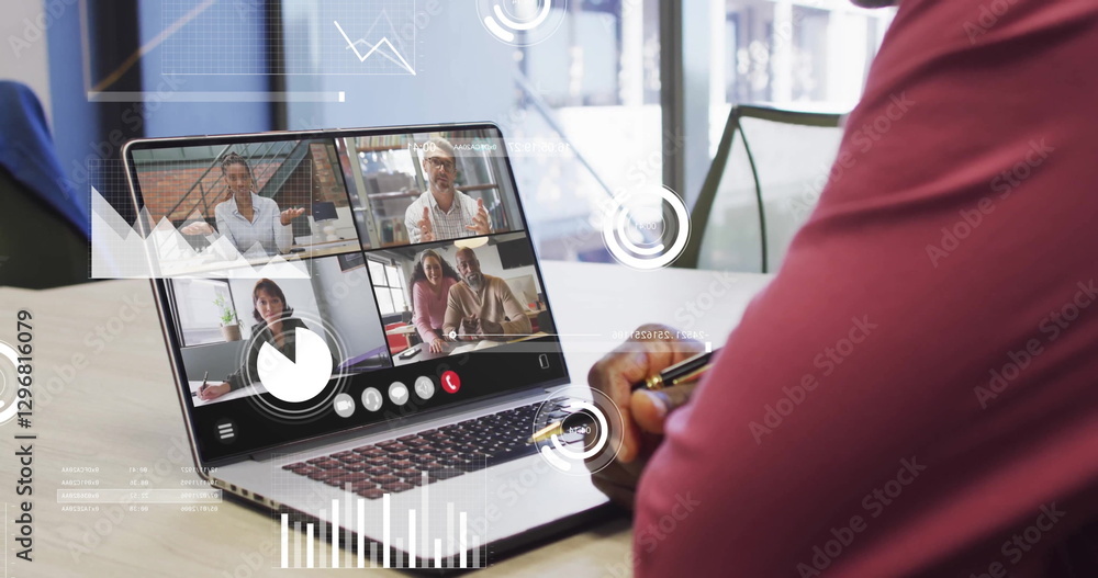 Poster image of data processing over african american businessman using laptop for image call