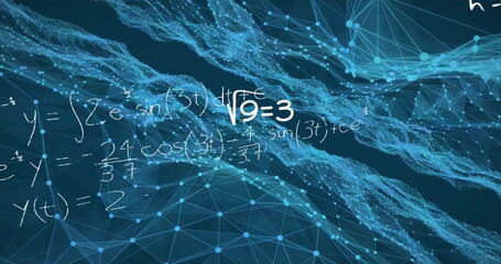 Image of mathematical equations and shapes on black background