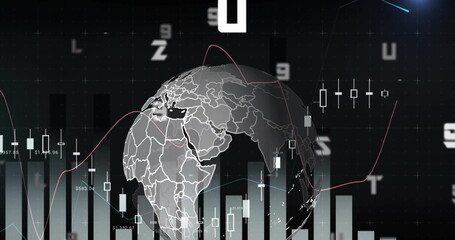Image of data processing and globe over diagram on black background