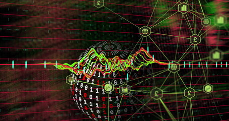 Image of data processing and globe over network of connections with icons